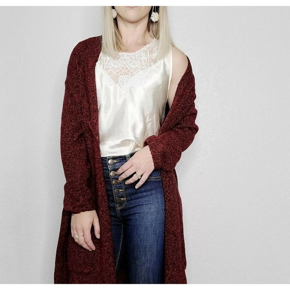 Pure Jill Womens XS Wool Oversized Cardigan Sweater Red Maroon Marled Knit